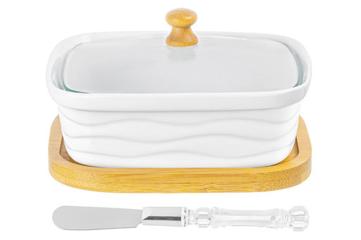 Паштетница 14,5*11*9 см 330 мл "Айсберг волны" со стекл. крышкой на дер. подставке + нож!!!