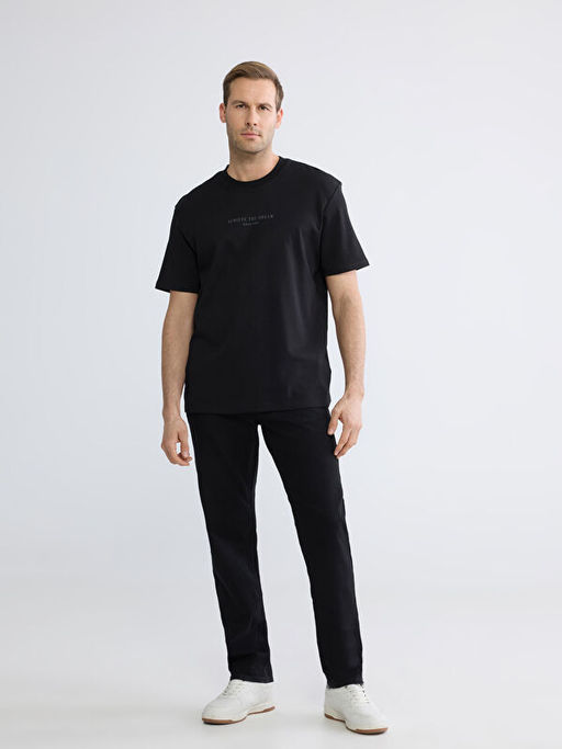 Oversize Fit Bisiklet Yaka Bask?l? Erkek Ti??rt