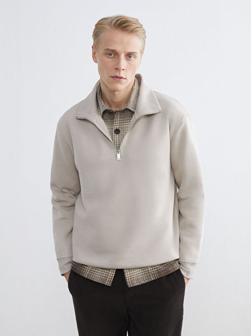 Fermuarl? Dik Yaka Erkek Kal?n Sweatshirt