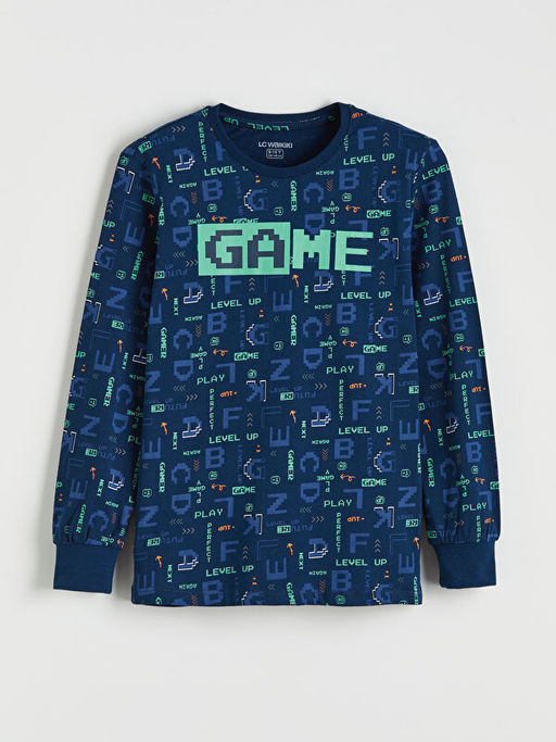 Bask?l? Bisiklet Yaka Erkek ?ocuk Pijama Tak?m?