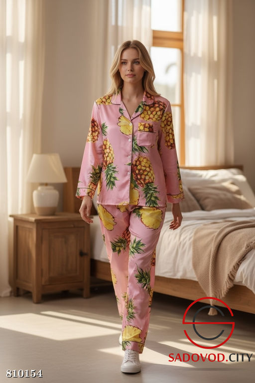 Женский комплект пижамы из шёлка, включающий брюки и рубашку.