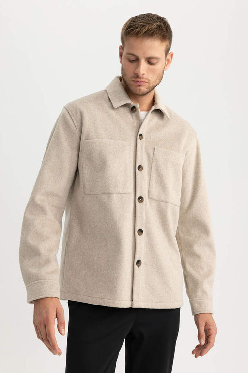 Шерстяная куртка-рубашка с длинными рукавами и воротником-поло Relax Fit - Defacto фото 4