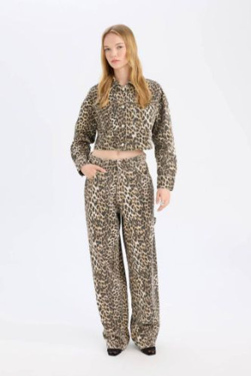 Gabardin Pantolon Baggy Fit Yuksek Bel Leopar Desenli Standart Boy