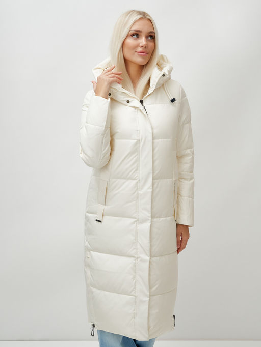 Пальто утепленное стеганное зимнее с капюшоном женское бежевого цвета 9608B