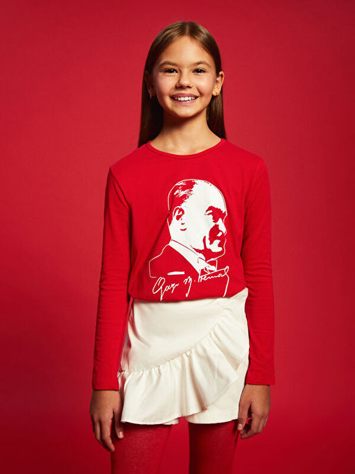 Bisiklet Yaka Atat?rk Bask?l? K?z ?ocuk Ti??rt - Waikiki фото 4