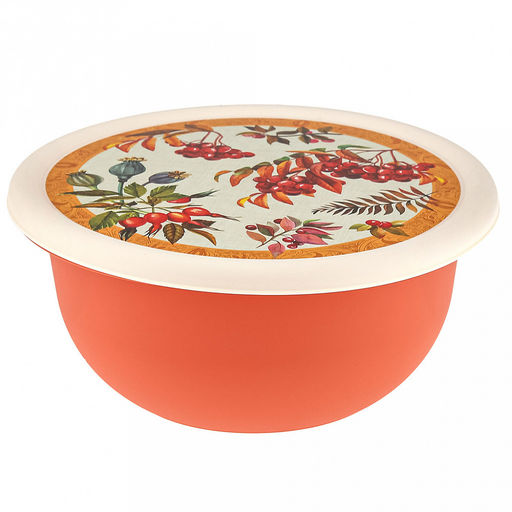 Миска пластмассовая "Asti" 1,2л, д18см, h8см, оранжевый, с крышкой, с декором (Россия)