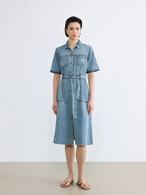 G?mlek Yaka Beli Ku?akl? Jean Elbise