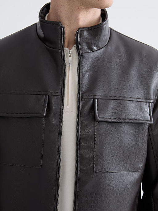 Standart Kal?p Dik Yaka Erkek Deri G?r?n?ml? Ceket