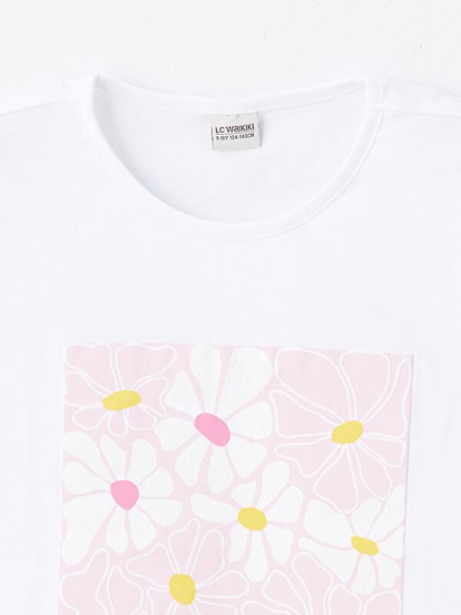 Bisiklet Yaka ?i?ekli K?sa Kollu K?z ?ocuk Ti??rt - Waikiki фото 3