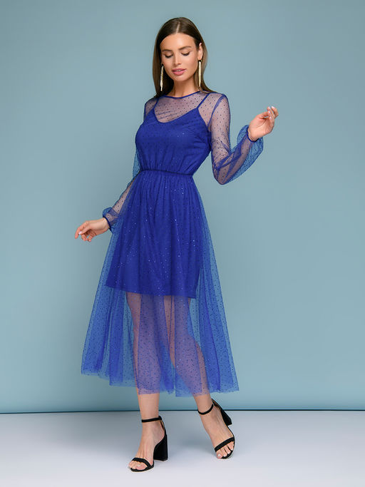 Платье синего цвета длины миди со стразами - 1001dress фото 2