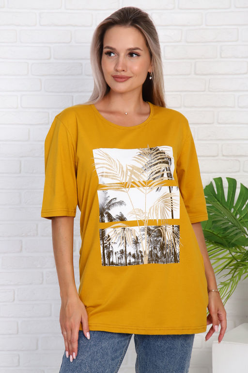 Футболка удлиненная с рисунком листья пальмы, Арт. 786