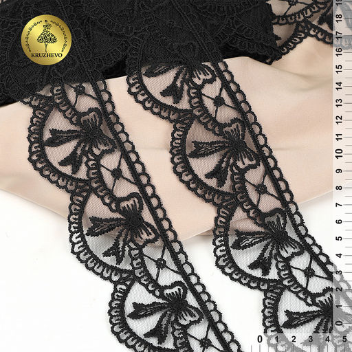 Кружево на сетке KRUZHEVO матовая нить с бантиками арт.TR.635 шир.60мм цв.черный уп.10м