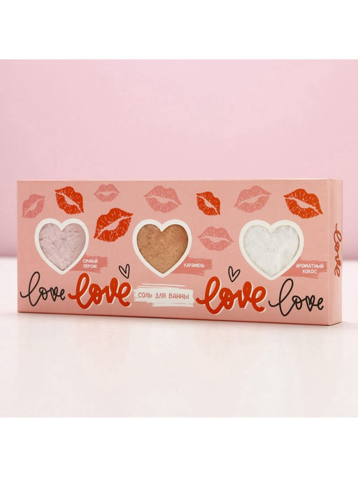 Соль для ванны Love, 3×100 г, аромат сочный персик, карамель, кокос, Чистое счастье