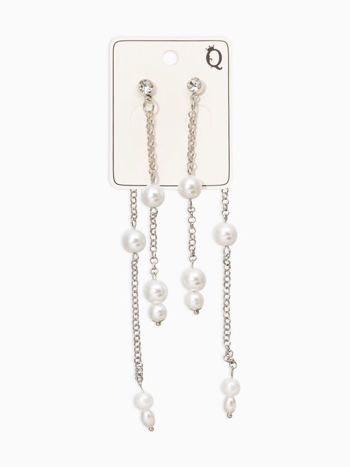 Серьги жемчуг "Цепочки" двойные, цвет белый в серебре