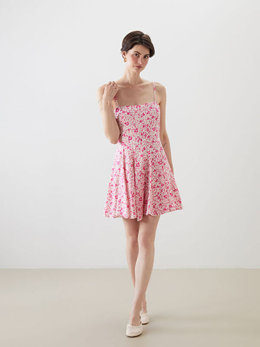 Kare Yaka ?i?ekli Modal Kar???ml? Mini Elbise