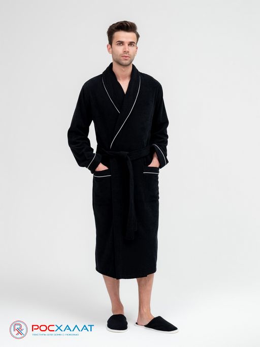 Мужской махровый халат с кантом черный МЗ-33 (100)