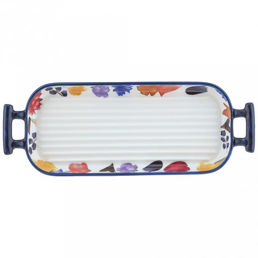 Форма для запекания керамическая "Сезон" 360мл, 26,5х10,8х2,5см, гриль, прямоугольная, 2 ручки, общая длина 32см, белый/синий, в коробке (Китай)