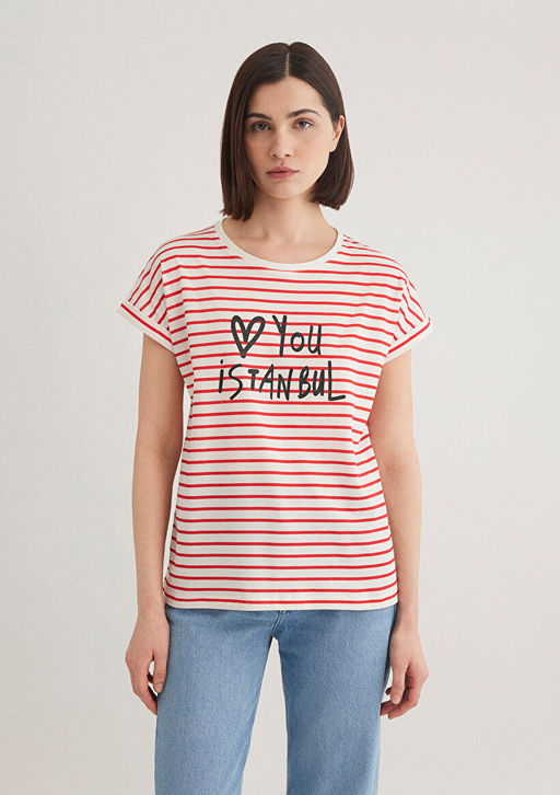 Love You Bask?l? Cizgili Istanbul Tisort - Mavi фото 4