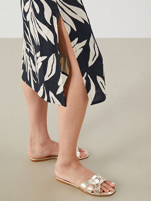 Bisiklet Yaka ?i?ekli Keten Kar???ml? Elbise