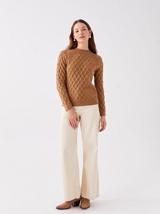 Bisiklet Yaka Kendinden Desenli Uzun Kollu Kad?n Triko Kazak