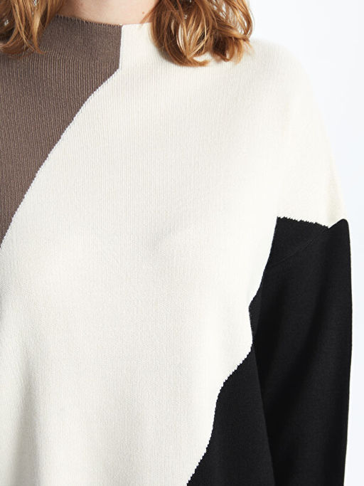 Yar?m Bal?k?? Yaka Renk Bloklu Kad?n Triko Tunik