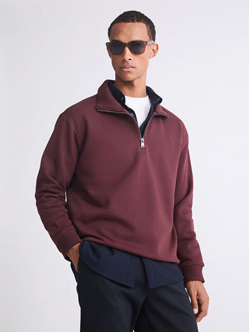 Fermuarl? Dik Yaka Erkek Kal?n Sweatshirt