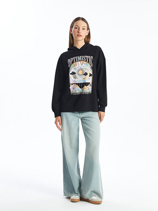 Bask?l? Uzun Kollu Oversize Kad?n Kal?n Hoodie