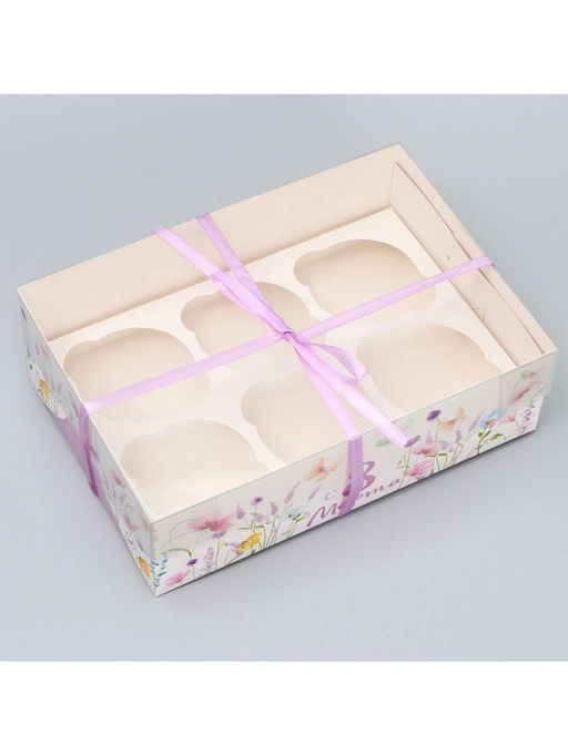 Цена за 5 шт. Коробка для капкейка, кондитерская упаковка, 6 ячеек «8 марта»,23×16×7.5 см