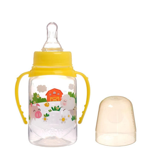Бутылочка для кормления M&B «Весёлая ферма», классическое горло, с ручками, от 0 мес., 150 мл., жёлтый