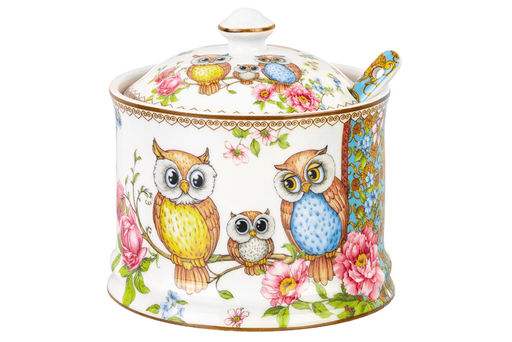 Сахарница 250 мл 9*9*10 см "Совушки" с ложкой, фарфор NEW BONE CHINA