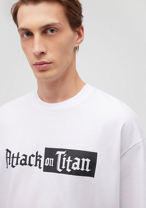 Attack On Titan Bask?l? Beyaz Tisort - Mavi фото 5