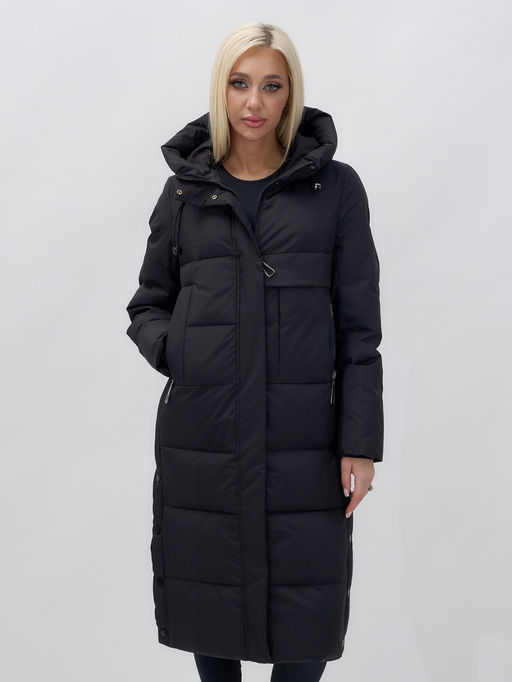 Пальто утепленное стеганное зимнее с капюшоном женское черного цвета 9628Ch - Mtforce фото 12