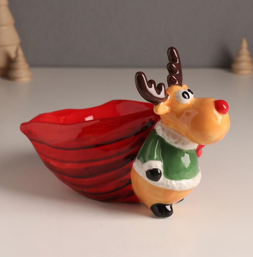 Фигурка-подставка для мелочей керамика Лось в зелёной шубе с большим красным мешком, 12.5?19.1?13.1 см