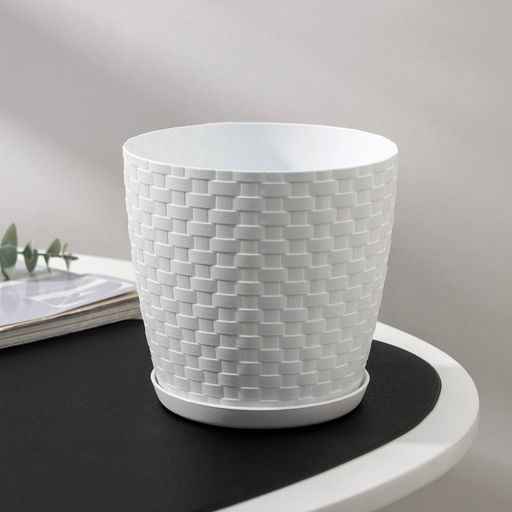 Цена за 3 шт. Горшок для цветов с поддоном «Ротанг», 1.2 л, d=13 см, h=12 см, пластиковый, белый