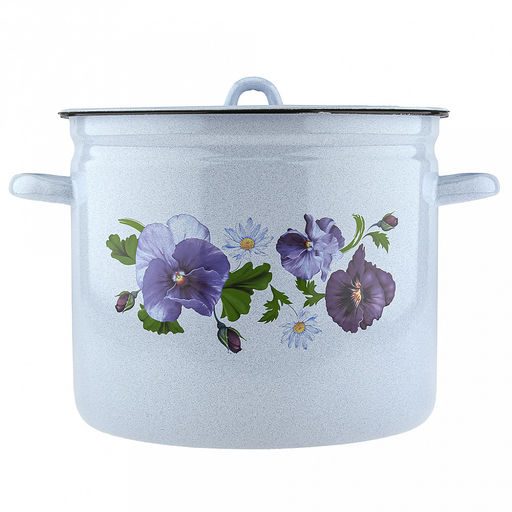 "Анютины глазки" Кастрюля эмалированная 9л, форма цилиндрическая, металлическая крышка, металлические ручки, белый рябчик (Россия)