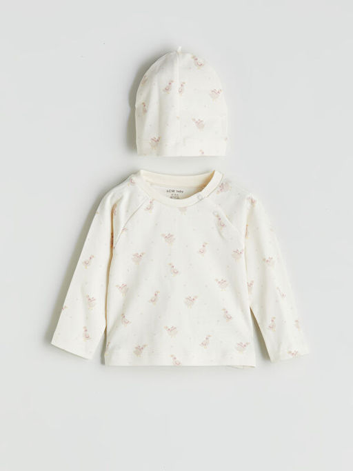 Bask?l? K?z Bebek Ti??rt Pantolon ve Bere 3l?