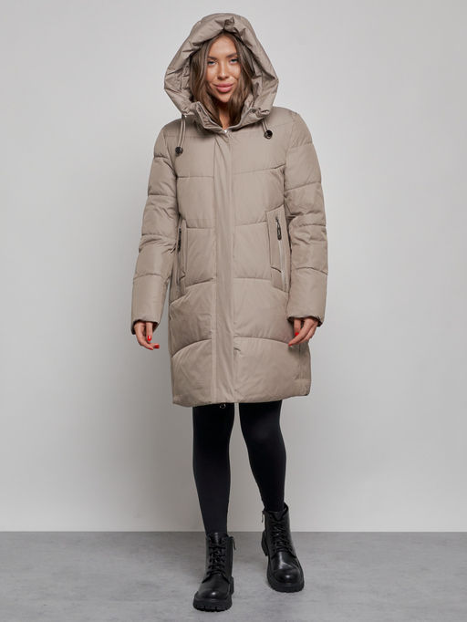 Пальто утепленное молодежное зимнее женское бежевого цвета 52363B