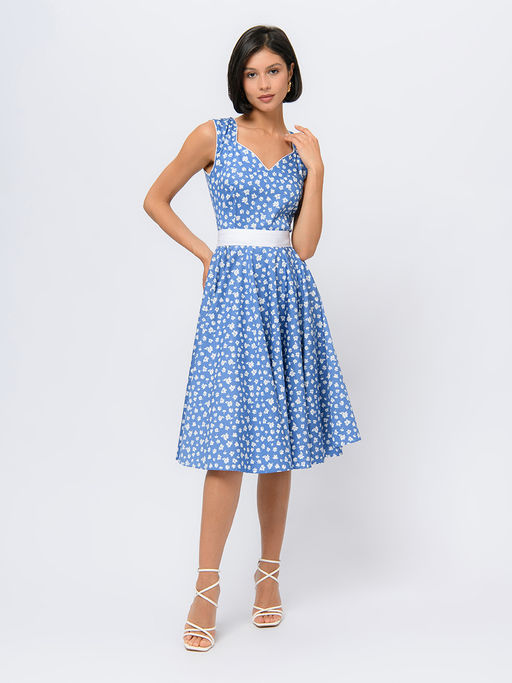 Платье голубого цвета длины миди с ажурным вырезом и поясом - 1001dress фото 3