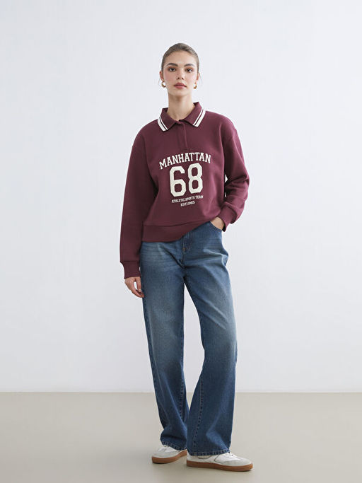 Polo Yaka Manhattan Bask?l? Kad?n Kal?n Sweatshirt