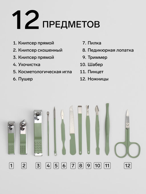 Набор маникюрный, 12 предметов, в футляре, ментоловый