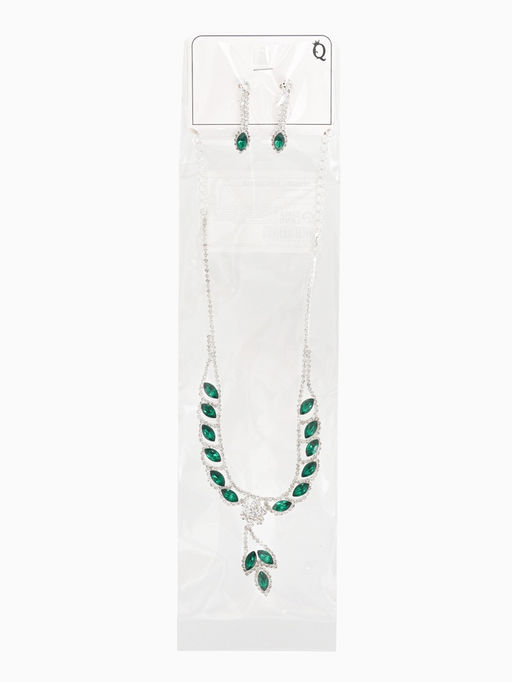 Набор 2 предмета: серьги, колье Листопад ромб, цвет изумрудно-белый в серебре, 45 см