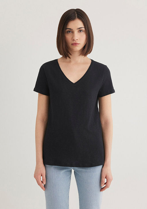 V Yaka Flaml? Siyah Basic Tisort - Mavi фото 3