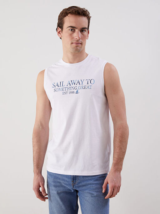 Bisiklet Yaka Bask?l? Erkek Kolsuz Ti??rt