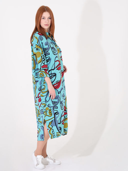 Платье-рубашка бирюзовое с авангардным рисунком