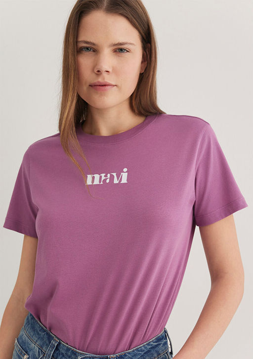 Mavi Bask?l? Pembe Tisort