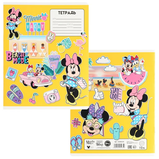 Цена за 18 шт. Тетрадь в клетку 12 листов, 5 видов МИКС, обложка мелованный картон, «Минни Маус»