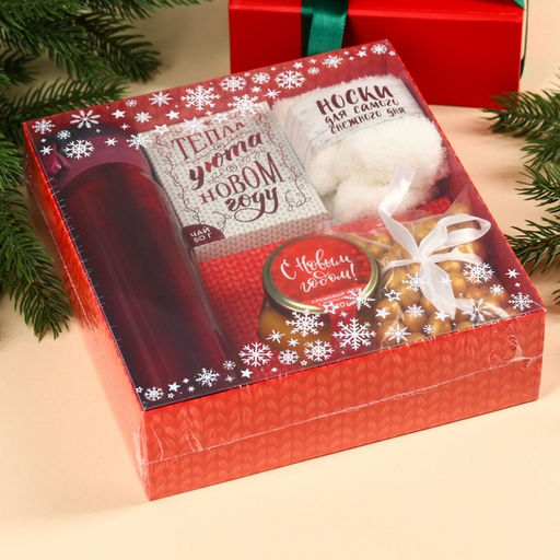 Подарочный набор новогодний С Новым годом, чай 50 г, крем-мед 120 г, носки 36-39 р, термос 500 мл, арахис в глазури 100 г