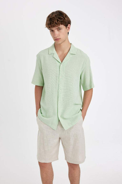Хлопковая рубашка с коротким рукавом и открытым воротником Relax Fit - Defacto фото 3