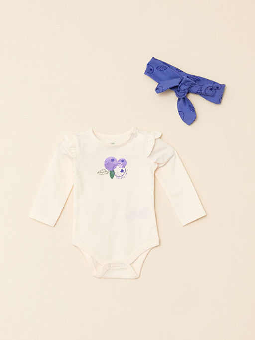 Bisiklet Yaka Uzun Kollu Bask?l? Organik Pamuklu K?z Bebek 3l? Tak?m - Waikiki фото 2