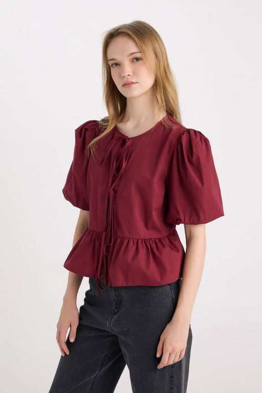 Женская поплиновая блузка с короткими рукавами и круглым вырезом стандартного кроя с завязками спереди - Defacto фото 3